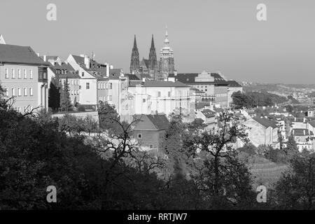 Praga - La Hradčany, il castello e la cattedrale di San Vito da Petrin nella luce della sera. Foto Stock