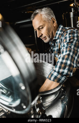 Professional birraio maschio in tute da lavoro ispezione Birreria Attrezzature Foto Stock