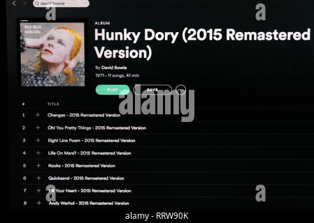 David Bowie album Hunky Dory Spotify pagina Foto Stock