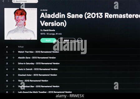 David Bowie album Aladdin Sane spotify pagina Foto Stock