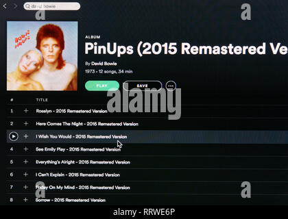 David Bowie album Pinups Spotify pagina Foto Stock