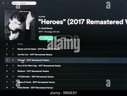 David Bowie album eroi Spotify pagina Foto Stock