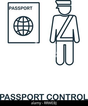 Controllo passaporti e la relativa icona. Profilo sottile lo stile di linea da aeroporto raccolta di icone. Pixel Passaporto perfetta icona di comando per il web design, applicazioni software Illustrazione Vettoriale