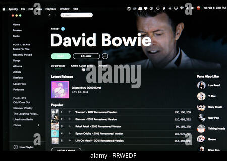 David Bowie Spotify artista home page Foto Stock