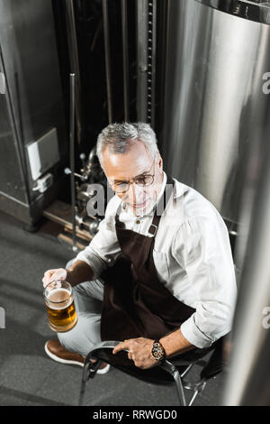 Vista aerea del bello brewer nel grembiule tenendo un bicchiere di birra nella birreria Foto Stock