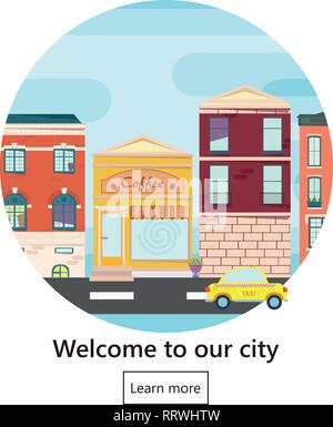 Web banner con città città paesaggio paesaggio paesaggio urbano in stile appartamento. Il banner di benvenuto.illustrazione vettoriale. Illustrazione Vettoriale