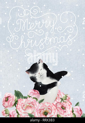 Cartoline di auguri con acquarello cute cat. Fat Cat isolato su sfondo blu con i fiocchi di neve per la progettazione, cartoline, banner. Foto Stock
