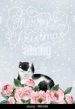 Cartoline di auguri con acquarello cute cat. Fat Cat isolato su sfondo blu con i fiocchi di neve per la progettazione, cartoline, banner. Foto Stock
