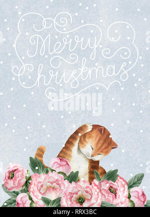 Cartoline di auguri con acquarello cute cat. Fat Cat isolato su sfondo blu con i fiocchi di neve per la progettazione, cartoline, banner. Foto Stock