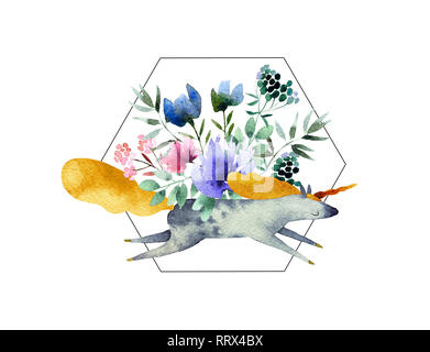 Bellissimo acquerello bouquet con unicorn isolati su sfondo bianco. Acquerello floreale bouquet per la progettazione, cartoline, insegne, emblemi, logo. Foto Stock