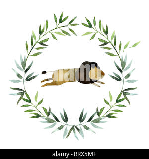 Bella corona ad acquerello acquerello con lion isolati su sfondo bianco. Round floreali ghirlanda ad acquerello per la progettazione, cartoline, insegne, emblemi, Foto Stock