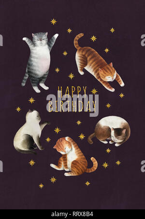 Cartoline di auguri con set di gatti. Serie di acquerelli di gatti, oro glitter stelle isolato su sfondo viola. Pronto per la stampa di cartoline. Foto Stock