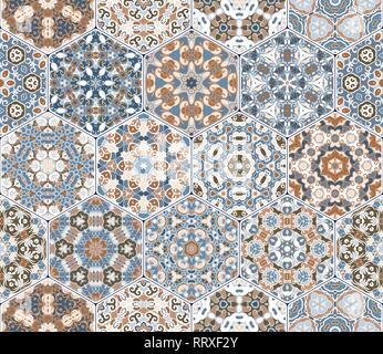Set di vettore arabo seamless pattern. Raccolta di esagonale di piastrelle in ceramica in sfumature di blu e marrone. Decorativi ed elementi di design per i tessili, Illustrazione Vettoriale
