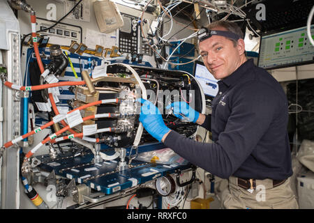 Agenzia Spaziale Canadese astronauta David Saint-Jacques sostituisce una unità di controllo e un radiometro all'interno di combustione integrata Camera Rack inserire a bordo della Stazione Spaziale Internazionale il 31 gennaio 2019 in orbita intorno alla terra. Foto Stock