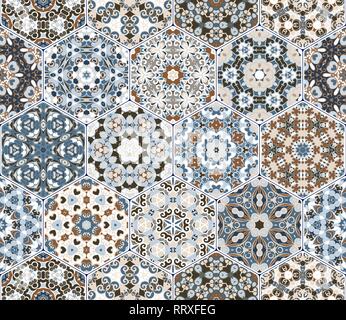 Set di vettore arabo seamless pattern. Raccolta di esagonale di piastrelle in ceramica in sfumature di blu e marrone. Decorativi ed elementi di design per i tessili, Illustrazione Vettoriale