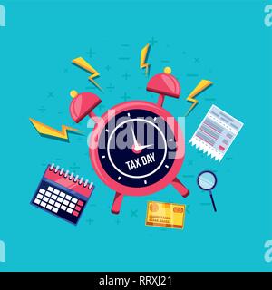 Giorno fiscale con sveglia e impostare le icone illustrazione vettoriale design Illustrazione Vettoriale