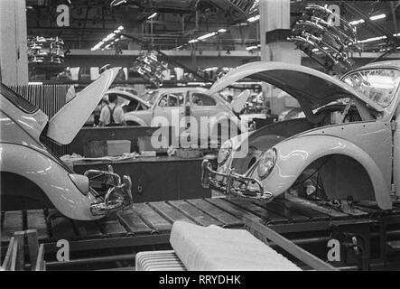 VW Werk 1962 - VW Werk, Wolfsburg, 1962. VW Käfer Fertigung. Montagefließband stabilimento Volkswagen a Wolfsburg/Germania, 1962. VW Beetle produzione, linee di assemblaggio Foto Stock