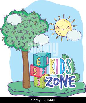 I numeri di blocchi dei giocattoli con sun kawaii nel campo Illustrazione Vettoriale