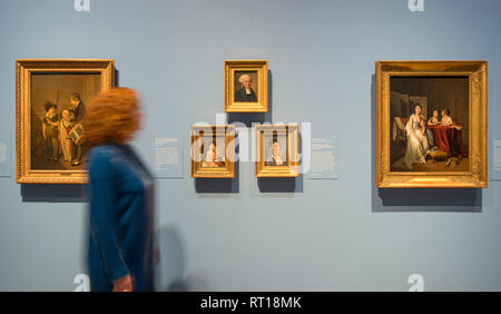 National Gallery di Londra, Regno Unito. Il 27 febbraio, 2019. Dipinti di Louis-Léopold Boilly mostrano la vita in politicamente turbolento di Parigi durante la Rivoluzione francese, l'epoca napoleonica e il successivo ripristino della monarchia. Immagine (da sinistra a destra): il mio piccolo soldato, 1804; Ritratto di un ragazzino che gioca con il suo cane, circa 1800-5; Ritratto di un avvocato; Ritratto del Comtesse François de Sainte-Aldegonde; Madame Louis-Julien Gohin, suo figlio e suo stepdaughters, circa 1800-2. (Tutti) i Ramsbury Manor Foundation. Credito: Malcolm Park/Alamy Live News. Foto Stock