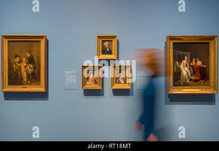 National Gallery di Londra, Regno Unito. Il 27 febbraio, 2019. Dipinti di Louis-Léopold Boilly mostrano la vita in politicamente turbolento di Parigi durante la Rivoluzione francese, l'epoca napoleonica e il successivo ripristino della monarchia. Immagine (da sinistra a destra): il mio piccolo soldato, 1804; Ritratto di un ragazzino che gioca con il suo cane, circa 1800-5; Ritratto di un avvocato; Ritratto del Comtesse François de Sainte-Aldegonde; Madame Louis-Julien Gohin, suo figlio e suo stepdaughters, circa 1800-2. (Tutti) i Ramsbury Manor Foundation. Credito: Malcolm Park/Alamy Live News. Foto Stock