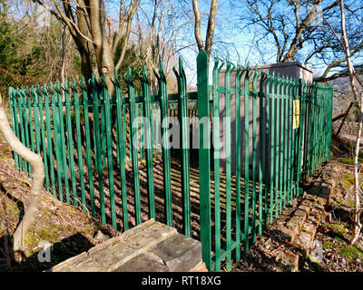 Wirksworth, Derbyshire Dales, UK. 27 feb 2019. I blocchi di calcestruzzo poste sul parcheggio per proteggere Wirksworth spot bellezza posseduto da Wirksworth Consiglio comunale (Manodopera) dopo il Derbyshire Dales consiglio del distretto (conservatore) votato sul trasferimento di un TSL viaggiatori camp disputata su un terreno adiacente alla Stoney legno, Wirksworth, Derbyshire Dales. Wirksworth Città del Consiglio sono alla ricerca di consulenza legale per cercare e proteggere gli alberi, rare orchidee selvatiche e altri animali selvatici in ed intorno a questo spettacolo di particolare interesse scientifico. Credito: Doug Blane/Alamy Live News Foto Stock