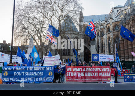 Londra, Regno Unito. Il 27 febbraio, 2019. SODEM, pro UE, i manifestanti continuano a fare il loro punto al di fuori del Parlamento come la prossima votazione su Theresa Maggio il piano è a causa di questa sera. Non ci sono mezzi di lasciare uscire i manifestanti nella loro normale oposing posizioni. Credito: Guy Bell/Alamy Live News Foto Stock