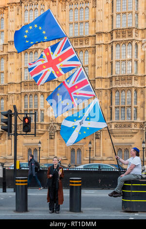 Londra, Regno Unito. Il 27 febbraio, 2019. SODEM, pro UE, i manifestanti continuano a fare il loro punto al di fuori del Parlamento come la prossima votazione su Theresa Maggio il piano è a causa di questa sera. Non ci sono mezzi di lasciare uscire i manifestanti nella loro normale oposing posizioni. Credito: Guy Bell/Alamy Live News Foto Stock