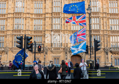 Londra, Regno Unito. Il 27 febbraio, 2019. SODEM, pro UE, i manifestanti continuano a fare il loro punto al di fuori del Parlamento come la prossima votazione su Theresa Maggio il piano è a causa di questa sera. Non ci sono mezzi di lasciare uscire i manifestanti nella loro normale oposing posizioni. Credito: Guy Bell/Alamy Live News Foto Stock