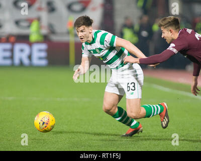 Edinburgh, Regno Unito. Il 27 febbraio, 2019. Edimburgo, Scozia - 27 febbraio: Kieran Tierney di Celtic durante la Ladbrokes Premiership match tra i cuori e celtico a Tynecastle Park il 27 febbraio 2019 in Edinbugh, Regno Unito. ( Credito: Scottish Borders Media/Alamy Live News Foto Stock