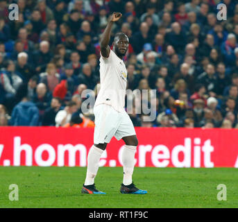 Leicester, Regno Unito. Il 23 febbraio, 2019. Il Manchester United Romelu Lukaku celebra il suo punteggio i lati primo obiettivo durante la Premier League inglese tra Leicester City e Crystal Palace al King Power stadium, Leicester, Inghilterra il 23 Feb 2019. Credit: Azione Foto Sport/Alamy Live News Foto Stock