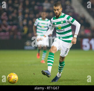 Edinburgh, Regno Unito. Il 27 febbraio, 2019. Edimburgo, Scozia - 27 febbraio: Jeremy Toljan del Celtic durante la Ladbrokes Premiership match tra i cuori e celtico a Tynecastle Park il 27 febbraio 2019 in Edinbugh, Regno Unito. ( Credito: Scottish Borders Media/Alamy Live News Foto Stock