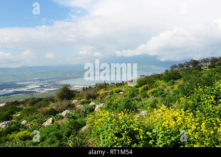 Il mare di Galilea e la parte settentrionale della valle del Giordano come visto dalle alture del Golan. Foto Stock