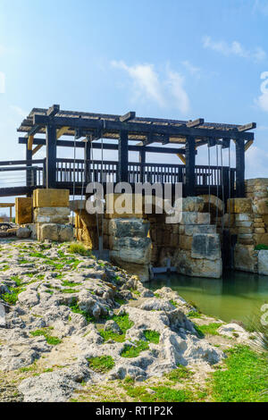 Vista di una diga restaurata, parte di periodo tardo romano sistema di approvvigionamento di acqua in flusso Taninim Riserva Naturale, nel nord di Israele Foto Stock