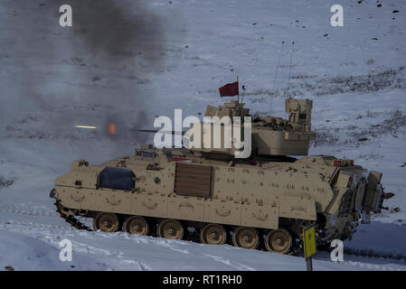 Bradley veicoli da combattimento dal 116Brigata di cavalleria contro la squadra (CBCT), Idaho esercito Guardia Nazionale partecipare nel campo esercita su Orchard Combat Training Center varia in febbraio. Foto Stock