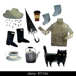 Serie di acquerelli disegnati a mano oggetti isolati su sfondo bianco per il pattern, invito cartolina, tessile, tessuto. Foto Stock