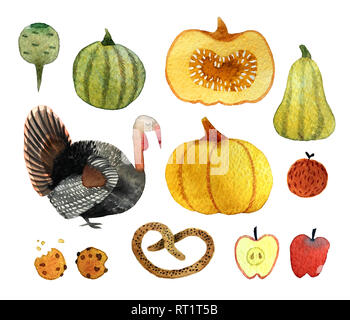 Serie di acquerelli disegnati a mano oggetti isolati su sfondo bianco per il pattern, invito cartolina, tessile, tessuto. Foto Stock