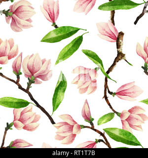 Dipinto a mano ad acquarello pattern senza soluzione di continuità con la magnolia fiori e foglie. Bella e delicata botanico pattern seamless isolato su bianco Foto Stock