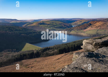 Il Peak District vista dal bordo Bamford guardando sopra la valle del Derwent e Ladybower Viaduct e il serbatoio e dam e valle Foto Stock