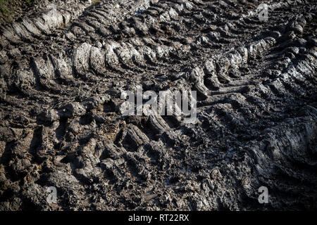 Abstract tracce di pneumatici in campo agricolo, agricoltura, sfondi, auto, commerciale veicolo terrestre, creatività, curva, design, sporcizia, strada sterrata, sporchi, Foto Stock