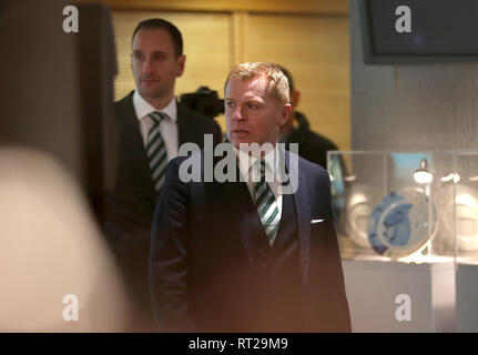 Appena nominato responsabile del Celtic Neil Lennon durante la conferenza stampa al Celtic Park di Glasgow. Foto Stock