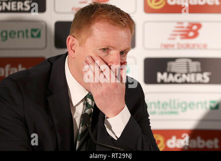 Appena nominato responsabile del Celtic Neil Lennon durante la conferenza stampa al Celtic Park di Glasgow. Foto Stock