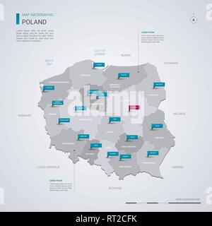 La Polonia mappa vettoriale con elementi infografico, segni di puntatore. Modello modificabile con regioni, città e capitale Varsavia. Illustrazione Vettoriale