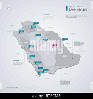 Arabia Saudita mappa vettoriale con elementi infografico, segni di puntatore. Modello modificabile con regioni, città e capitale Riyadh. Illustrazione Vettoriale