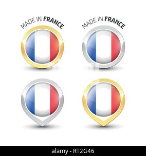 Realizzato in Francia - etichetta di garanzia con la bandiera francese all'interno del turno oro e argento icone. Illustrazione Vettoriale