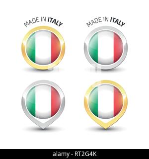 Made in Italy - etichetta di garanzia con la bandiera italiana all'interno del turno oro e argento icone. Illustrazione Vettoriale