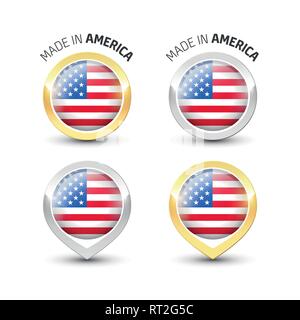 Made in America Stati Uniti d'America - etichetta di garanzia con la bandiera degli Stati Uniti d'America all'interno del turno oro e argento icone. Illustrazione Vettoriale