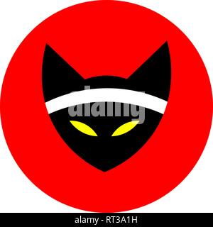 Cat logo, icona. cat ninja illustrazione vettore. un gatto con un bendaggio. arti marziali. Giappone Sole Rosso Illustrazione Vettoriale