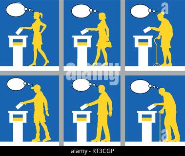 Cittadini ucraini votare alle elezioni in Ucraina con bolle di pensiero. Tutti gli oggetti di silhouette e gli sfondi sono in diversi strati. Illustrazione Vettoriale