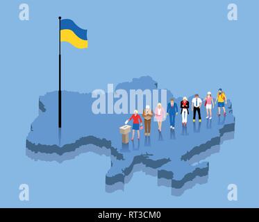 Cittadini ucraini sono il voto alle elezioni su una mappa in Ucraina. Tutti gli oggetti, le ombre e lo sfondo sono in diversi strati. Illustrazione Vettoriale