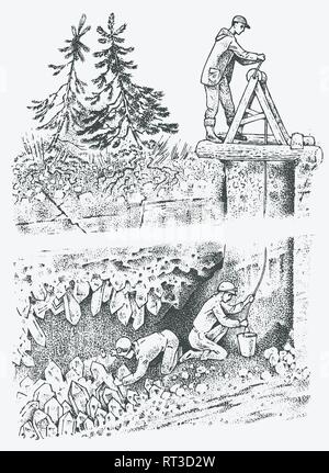 Il lavoro dei minatori con assi in sotterraneo. L'industria Estrazione di minerali, cristalli e gemme. Professional di uomini in una grotta. Sfondo della miniera. Mano inciso Illustrazione Vettoriale